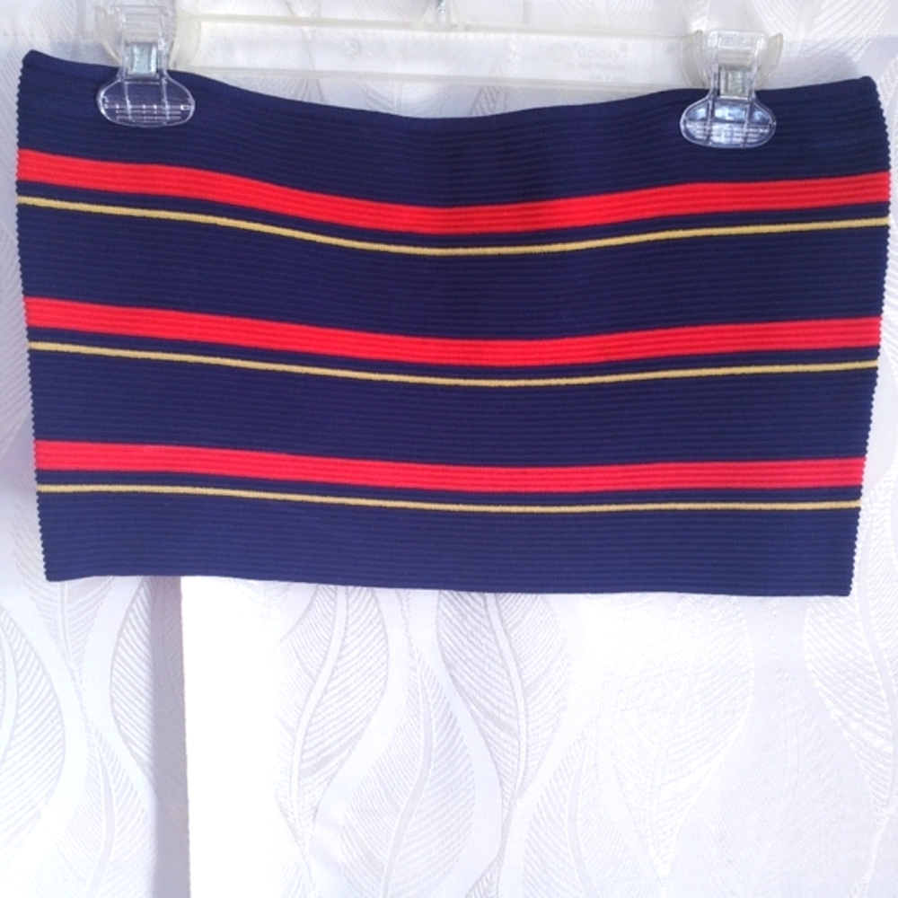 Blue Ribbed Striped Strapless Tube Top Crop Top Bandeau